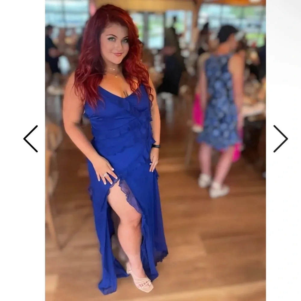 Lulu’s Tier Desire Cobalt Blue Tiered Ruffled Slit Chiffon Lace-Up Maxi Dress S - Picture 2 of 8